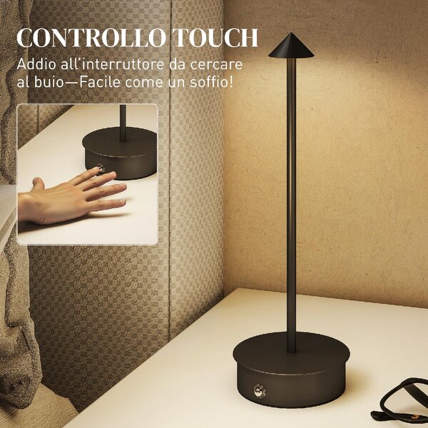 DecHome Lampada da Tavolo Touch Ricaricabile con USB, Regolabile 3000K/4500K/6500K, Autonomia 4-8 Ore, colore Nero