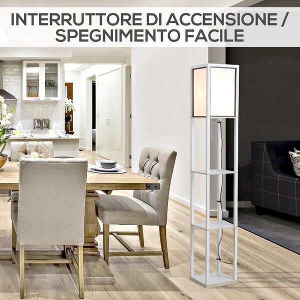 DecHome Lampada da Terra 40W con 3 Mensole e Interruttore a Pedale, in Legno e Acrilico, 26x26x160 cm, colore Bianco