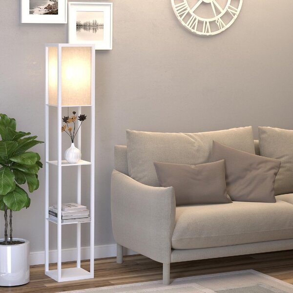 DecHome Lampada da Terra 40W con 3 Mensole e Interruttore a Pedale, in Legno e Acrilico, 26x26x160 cm, colore Bianco