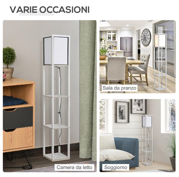 DecHome Lampada da Terra 40W con 3 Mensole e Interruttore a Pedale, in Legno e Acrilico, 26x26x160 cm, colore Bianco