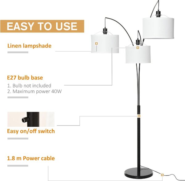 DecHome Lampada da Terra ad Arco Moderna base in Marmo 3 Luci Paralume in Tessuto Piantana colore Nero