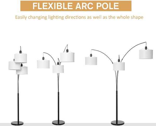 DecHome Lampada da Terra ad Arco Moderna base in Marmo 3 Luci Paralume in Tessuto Piantana colore Nero