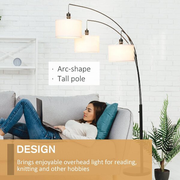 DecHome Lampada da Terra ad Arco Moderna base in Marmo 3 Luci Paralume in Tessuto Piantana colore Nero