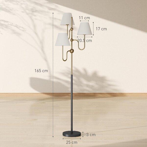 DecHome Lampada da Terra Alta 165 cm con 3 Punti Luce e Interruttore a Pedale Attacco E27 Max 40W colore Oro