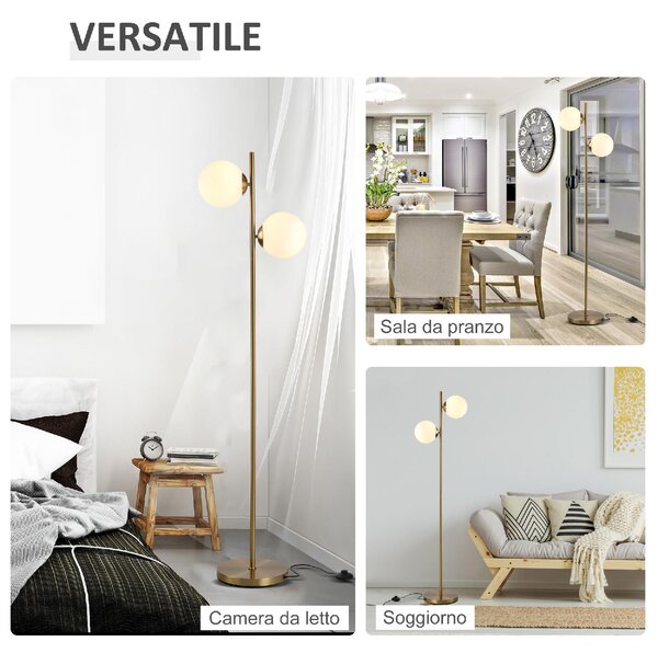 DecHome Lampada da Terra con 2 Luci e Paralumi a Sfera, Interruttore a Pedale e Attacco E27, 28x165 cm, colore Oro