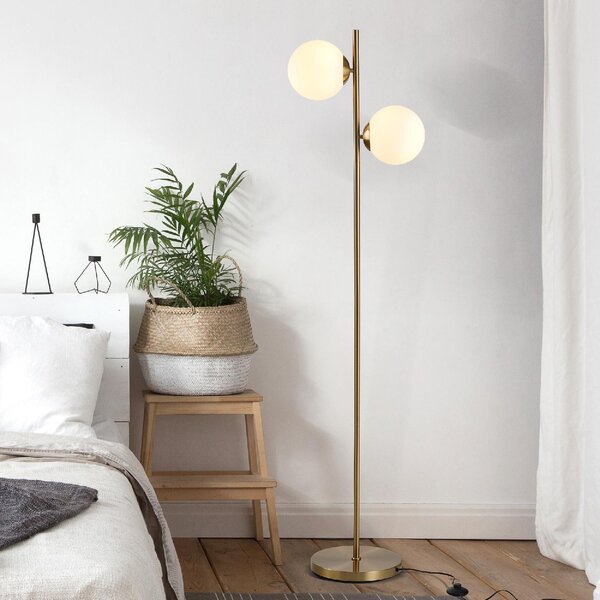 DecHome Lampada da Terra con 2 Luci e Paralumi a Sfera, Interruttore a Pedale e Attacco E27, 28x165 cm, colore Oro