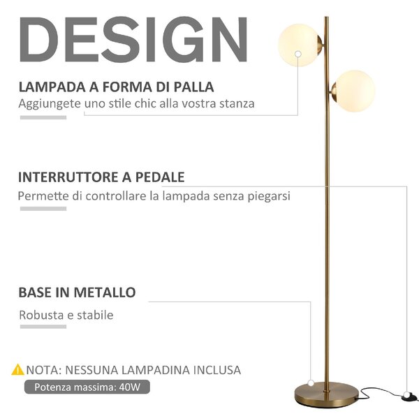 DecHome Lampada da Terra con 2 Luci e Paralumi a Sfera, Interruttore a Pedale e Attacco E27, 28x165 cm, colore Oro