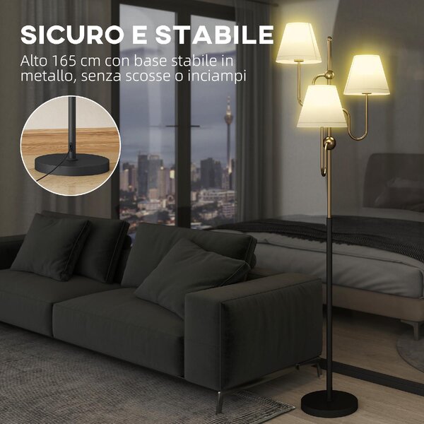 DecHome Lampada da Terra Alta 165 cm con 3 Punti Luce e Interruttore a Pedale Attacco E27 Max 40W colore Oro