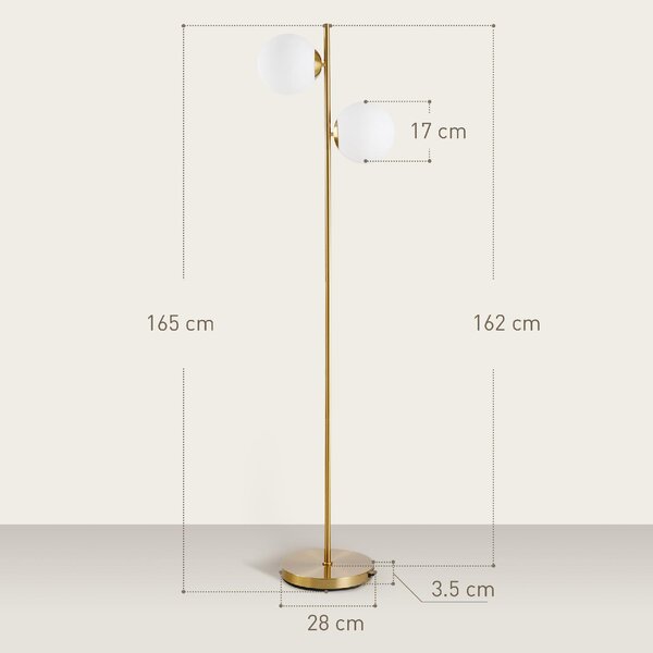 DecHome Lampada da Terra con 2 Luci e Paralumi a Sfera, Interruttore a Pedale e Attacco E27, 28x165 cm, colore Oro