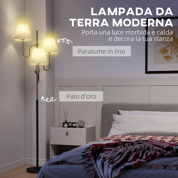 DecHome Lampada da Terra Alta 165 cm con 3 Punti Luce e Interruttore a Pedale Attacco E27 Max 40W colore Oro