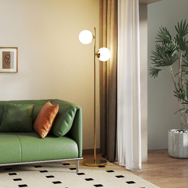 DecHome Lampada da Terra con 2 Luci e Paralumi a Sfera, Interruttore a Pedale e Attacco E27, 28x165 cm, colore Oro