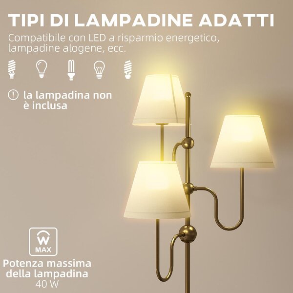 DecHome Lampada da Terra Alta 165 cm con 3 Punti Luce e Interruttore a Pedale Attacco E27 Max 40W colore Oro