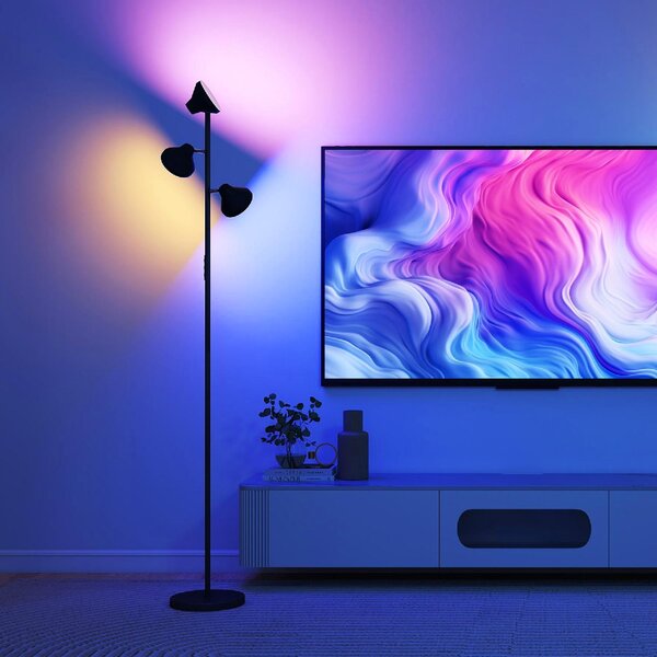 DecHome Lampada da Terra con 3 Teste Regolabili Indipendenti, Telecomando e Timer, in Acciaio e Plastica 25x170 cm colore Nero