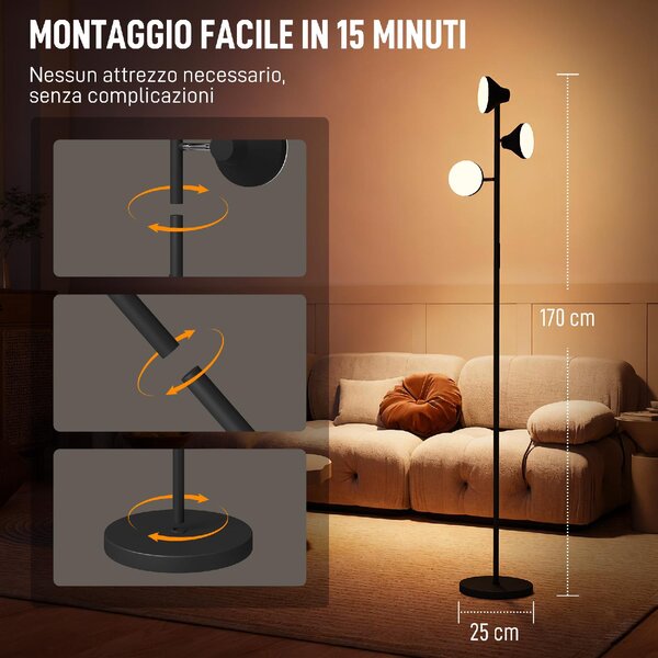 DecHome Lampada da Terra con 3 Teste Regolabili Indipendenti, Telecomando e Timer, in Acciaio e Plastica 25x170 cm colore Nero