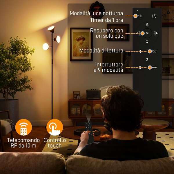 DecHome Lampada da Terra con 3 Teste Regolabili Indipendenti, Telecomando e Timer, in Acciaio e Plastica 25x170 cm colore Nero