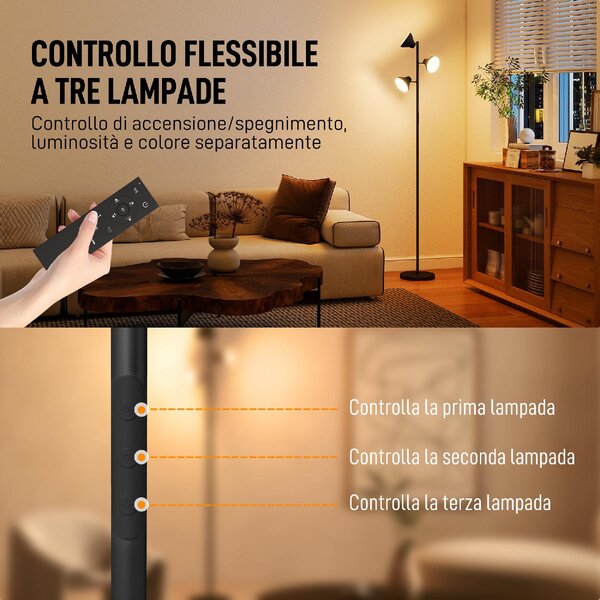 DecHome Lampada da Terra con 3 Teste Regolabili Indipendenti, Telecomando e Timer, in Acciaio e Plastica 25x170 cm colore Nero