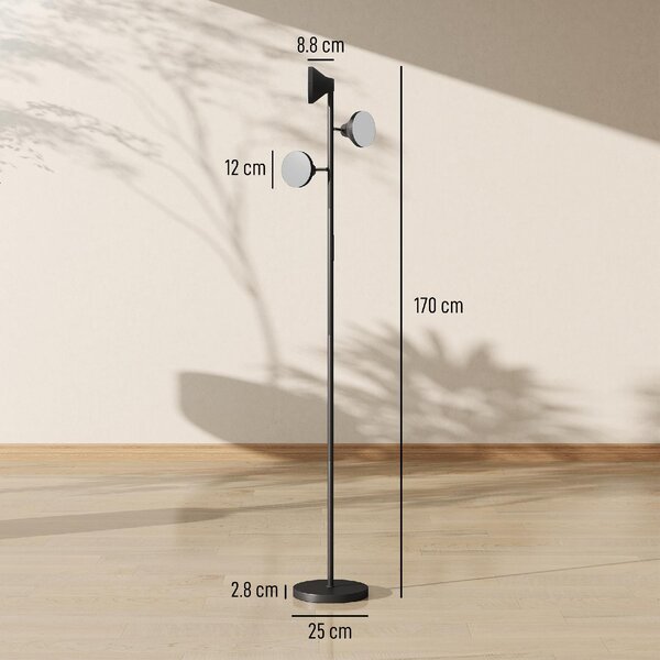 DecHome Lampada da Terra con 3 Teste Regolabili Indipendenti, Telecomando e Timer, in Acciaio e Plastica 25x170 cm colore Nero