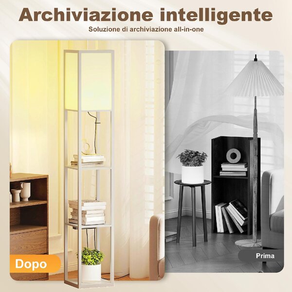 DecHome Lampada da Terra con Ripiani, Luce Regolabile, Interruttore a Pedale e Porte USB colore Bianco