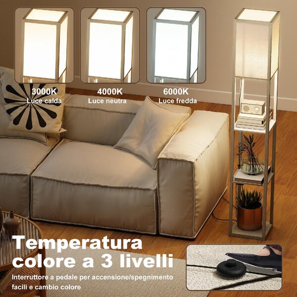 DecHome Lampada da Terra con Ripiani, Luce Regolabile, Interruttore a Pedale e Porte USB colore Bianco e Rovere
