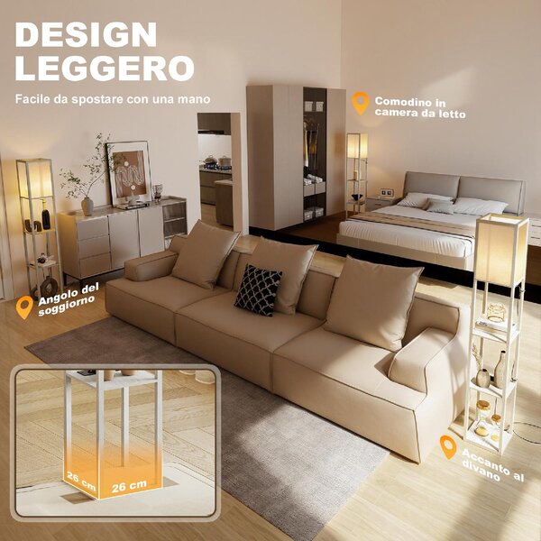 DecHome Lampada da Terra con Ripiani, Luce Regolabile, Interruttore a Pedale e Porte USB colore Bianco e Rovere