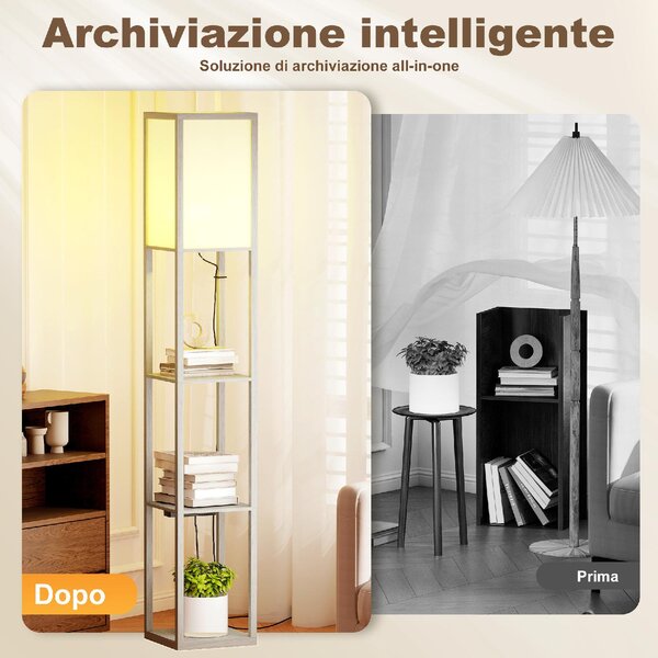 DecHome Lampada da Terra con Ripiani, Luce Regolabile, Interruttore a Pedale e Porte USB colore Bianco e Rovere