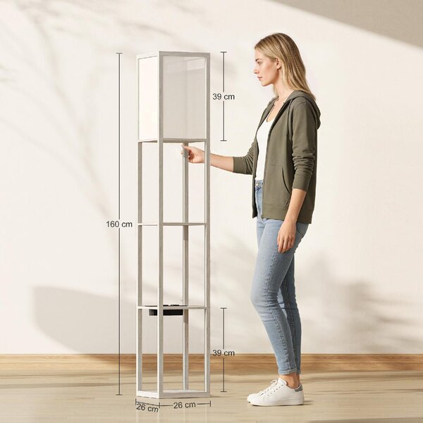 DecHome Lampada da Terra con Ripiani, Luce Regolabile, Interruttore a Pedale e Porte USB colore Bianco e Rovere