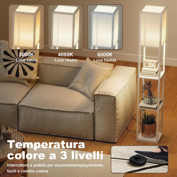 DecHome Lampada da Terra con Ripiani, Luce Regolabile, Interruttore a Pedale e Porte USB colore Bianco