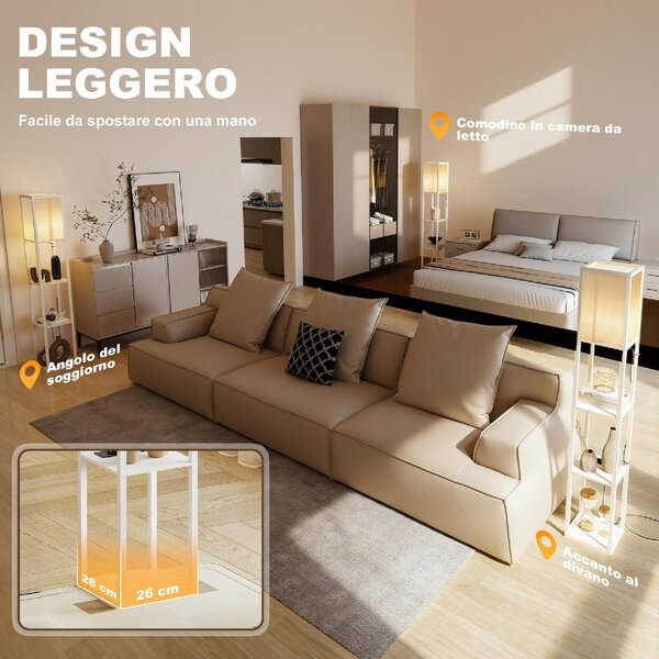 DecHome Lampada da Terra con Ripiani, Luce Regolabile, Interruttore a Pedale e Porte USB colore Bianco