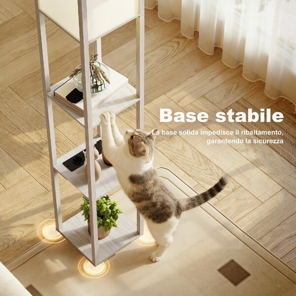 DecHome Lampada da Terra con Ripiani, Luce Regolabile, Interruttore a Pedale e Porte USB colore Bianco e Rovere