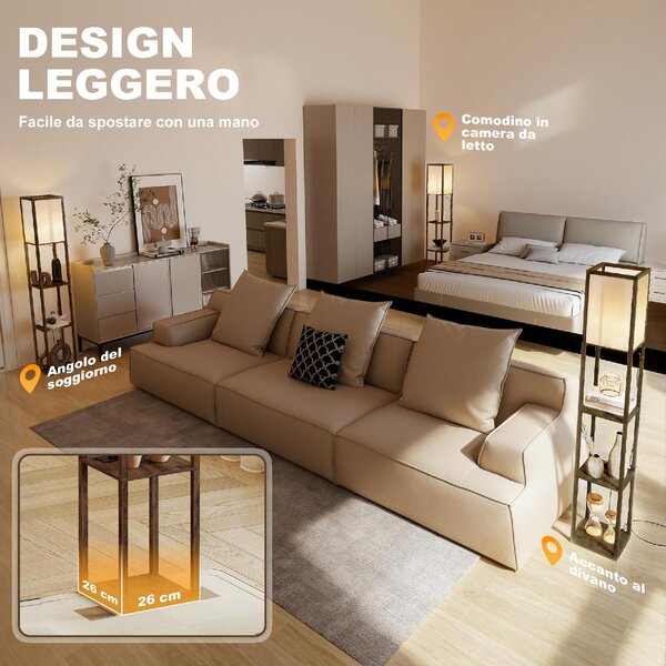 DecHome Lampada da Terra con Ripiani, Luce Regolabile, Interruttore a Pedale e Porte USB colore Marrone