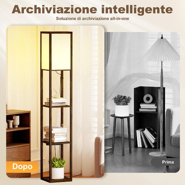 DecHome Lampada da Terra con Ripiani, Luce Regolabile, Interruttore a Pedale e Porte USB colore Marrone