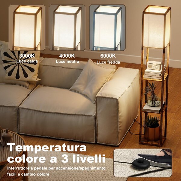 DecHome Lampada da Terra con Ripiani, Luce Regolabile, Interruttore a Pedale e Porte USB colore Marrone