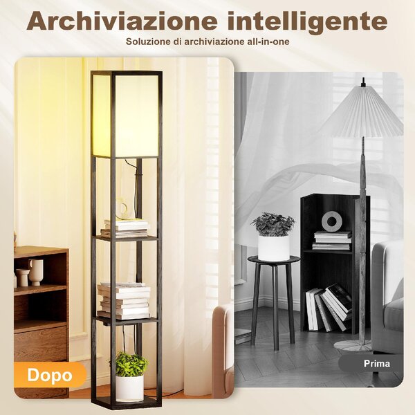 DecHome Lampada da Terra con Ripiani, Luce Regolabile, Interruttore a Pedale e Porte USB colore Nero