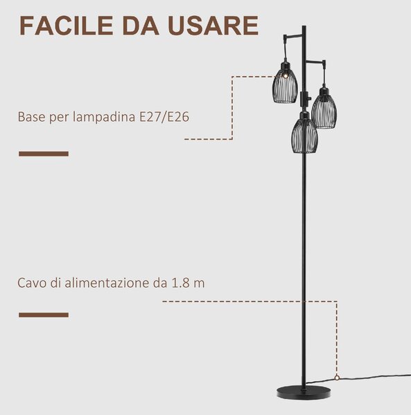 DecHome Lampada da Terra Industriale con 3 Paralumi e Intensit Regolabile, in Acciaio, 30x30x170.5 cm colore Nero