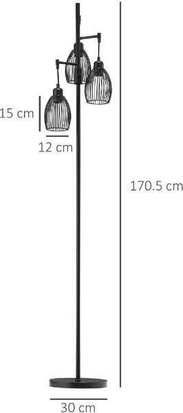 DecHome Lampada da Terra Industriale con 3 Paralumi e Intensit Regolabile, in Acciaio, 30x30x170.5 cm colore Nero