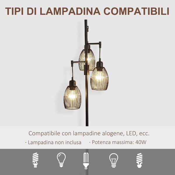 DecHome Lampada da Terra Industriale con 3 Paralumi e Intensit Regolabile, in Acciaio, 30x30x170.5 cm colore Nero