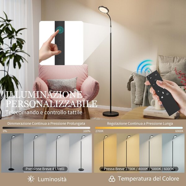 DecHome Lampada da Terra LED con Telecomando, Testa Girevole, Regolazione Luminosit e Temperatura colore Nero
