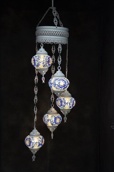 Lampada a sospensione con mosaico di vetro blu colorato, 5 sfere, lampada da soffitto orientale turca in bianco crema, stile marocchino