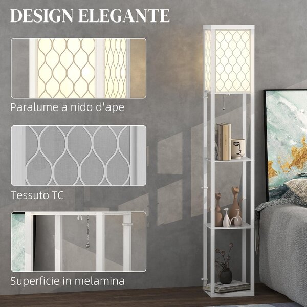 DecHome Lampada da Terra Moderna 2 in 1 con 3 Ripiani Attacco E27 26x26x160 cm colore Bianco