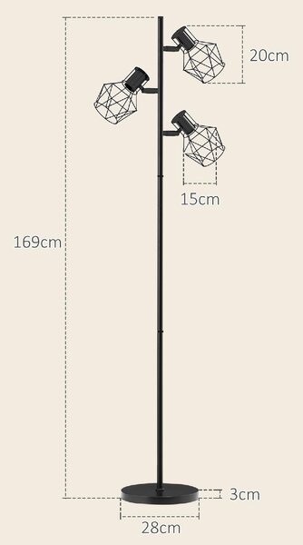 DecHome Lampada da Terra Moderna 3 Luci Regolabili Piantana in Metallo colore Nero