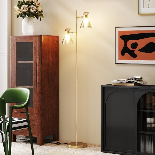 DecHome Lampada da Terra Moderna con 2 Luci e Teste Regolabili, Interruttore a Pedale colore Oro