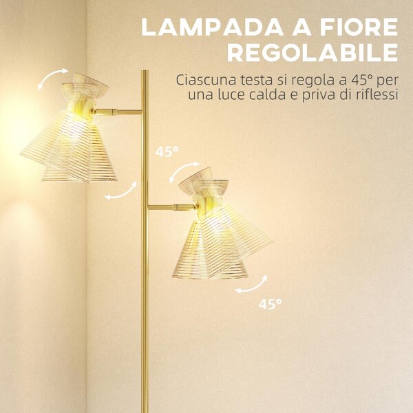 DecHome Lampada da Terra Moderna con 2 Luci e Teste Regolabili, Interruttore a Pedale colore Oro