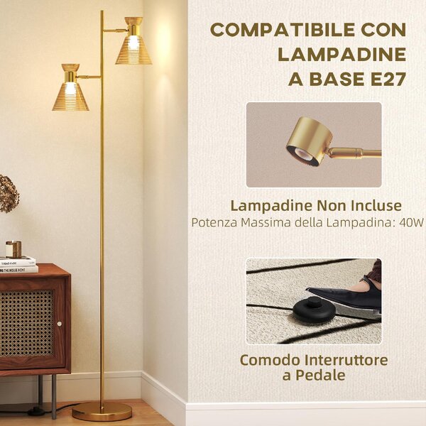 DecHome Lampada da Terra Moderna con 2 Luci e Teste Regolabili, Interruttore a Pedale colore Oro