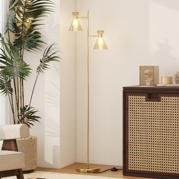 DecHome Lampada da Terra Moderna con 2 Luci e Teste Regolabili, Interruttore a Pedale colore Oro