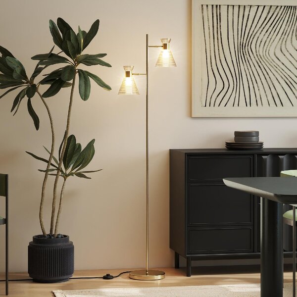 DecHome Lampada da Terra Moderna con 2 Luci e Teste Regolabili, Interruttore a Pedale colore Oro