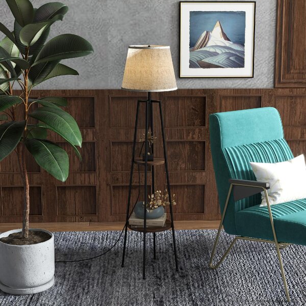 DecHome Lampada da Terra Moderna con 2 Ripiani Paralume in Tessuto Beige in Metallo e MDF colore Nero Marrone