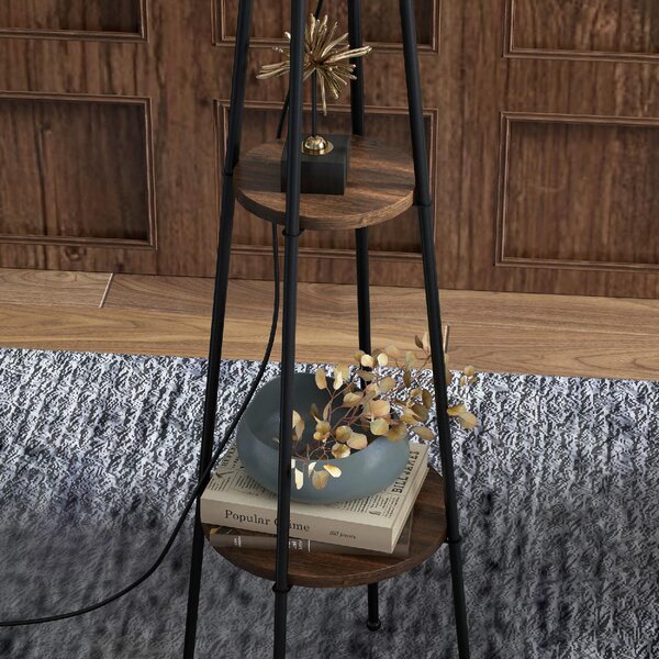 DecHome Lampada da Terra Moderna con 2 Ripiani Paralume in Tessuto Beige in Metallo e MDF colore Nero Marrone