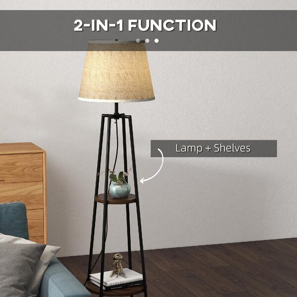 DecHome Lampada da Terra Moderna con 2 Ripiani Paralume in Tessuto Beige in Metallo e MDF colore Nero Marrone