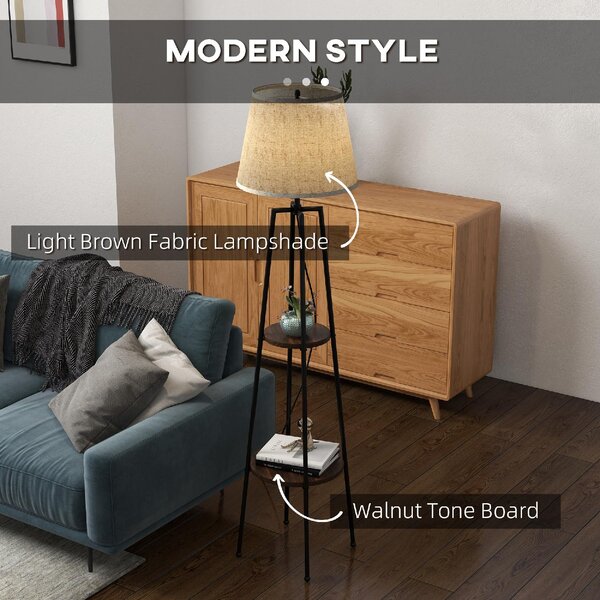 DecHome Lampada da Terra Moderna con 2 Ripiani Paralume in Tessuto Beige in Metallo e MDF colore Nero Marrone