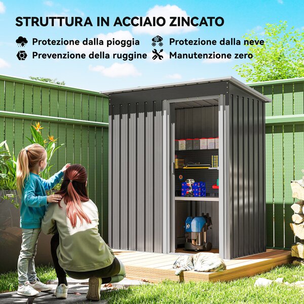 Outsunny Capanno Attrezzi con Tetto Inclinato e Porta Scorrevole, in Acciaio e PP, 163x89x182 cm, Grigio Chiaro | Aosom Italy